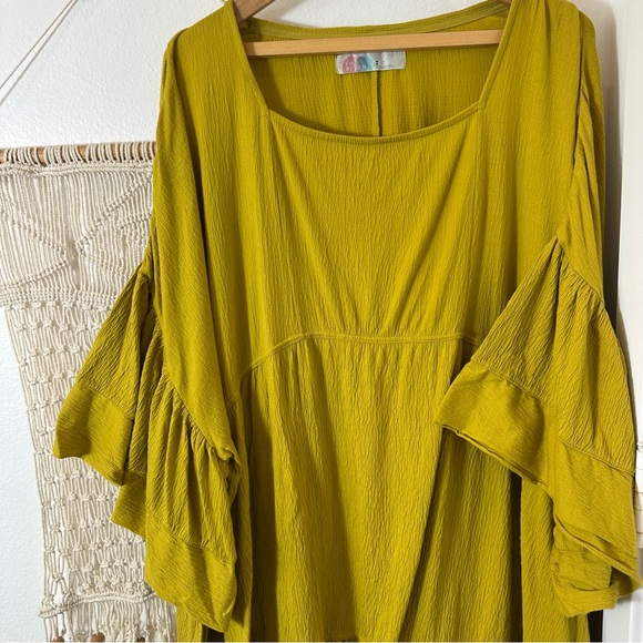 Free People FP Beach Boho Ruffle Sleeve Beach Dress Chartreuse Mustard Gypsy M - Picture 6 of 9